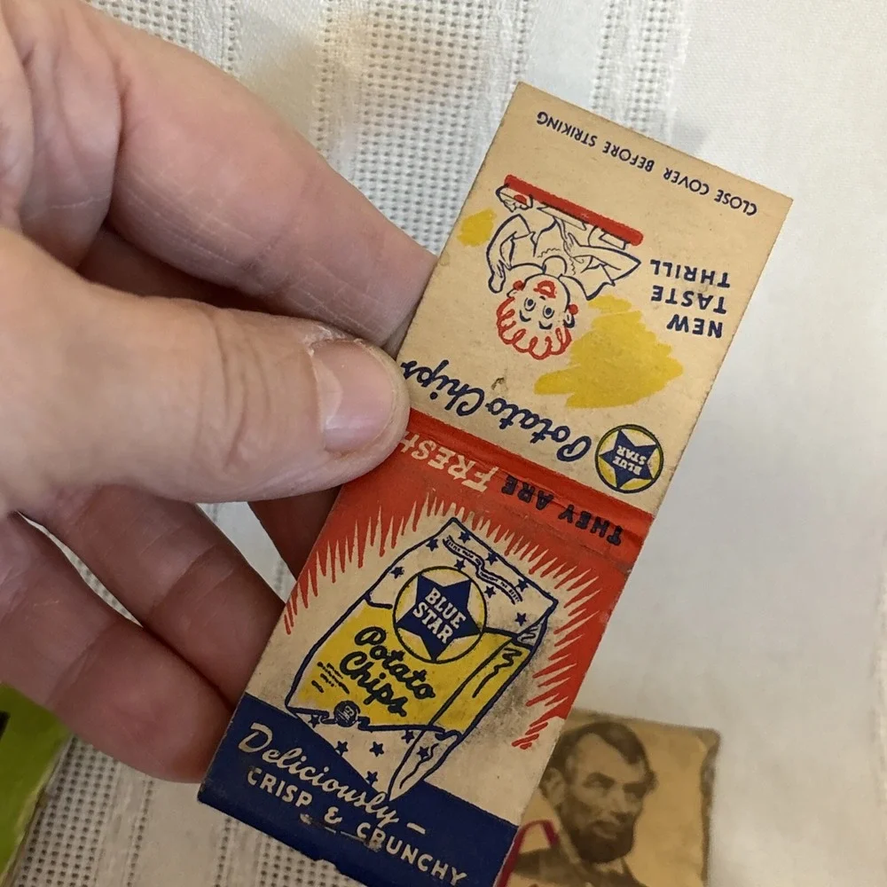 vintage‎ matchbook #34 Blue Star Potato Chips VD Kent Feeds Ford GM
